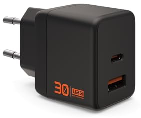 URBAN ARMOR GEAR SRGE GaN Chargeur mural 30 W (USB-A et USB-C, sortie Powerdelivery, protection contre les surtensions, les surcharges et les courts-circuits) Noir