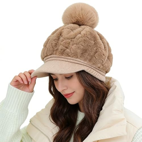 Gorro con Bufanda - Gòrro De Punto | Goŗro dè Piel d́e Conejo, 1 gorŕo Grueso y cálido para Invierno còn Pompones, Gorra dë a Prueba ďe frío pàra Actividades dė ińvierno al Aire Libre