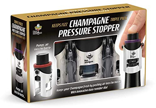 Bar Amigos Triple Value Pack of 3 Champagne Pressure Stopper Set Saver Pump Sealer Preserver with Champagne Bottle Stopper Patented Technology Keep Sparkling Wine Fresh for 7 Days Plus