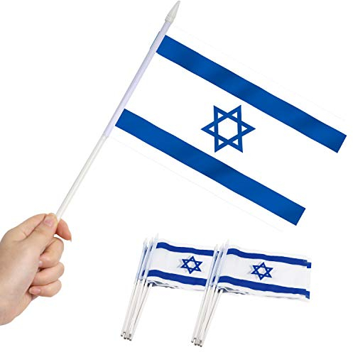 Anley Israel Stick Flag, Israeli 5x8 inch (12 X 20cm) HandHeld Mini Flag With 12 (30cm) White Solid Pole - Vivid Color and Fade Resistant - 5 x 8 inch Hand Held Stick Flags With Spear Top (1 Dozen)