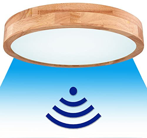 KZT Plafonnier en bois LED avec Détecteur de Mouvement Radar 20W Intérieur Lampe de Plafond Rond, Éclairage plafonnier pour couloir, Hall, Escaliers, Véranda, Garage, 30CM (Blanc froid - 6000K)