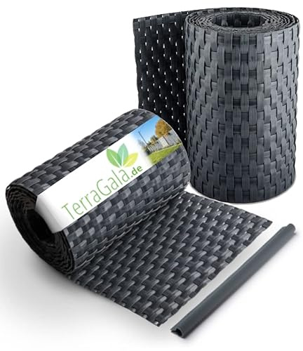 TerraGala Rattan Sichtschutz-Streifen | 2 Stück | Anthrazit | 255cm x 19cm | Sichtschutz für Stabmattenzaun | Polyrattan Sichtschutz mit Flechtoptik | inklusive Befestigungsclips