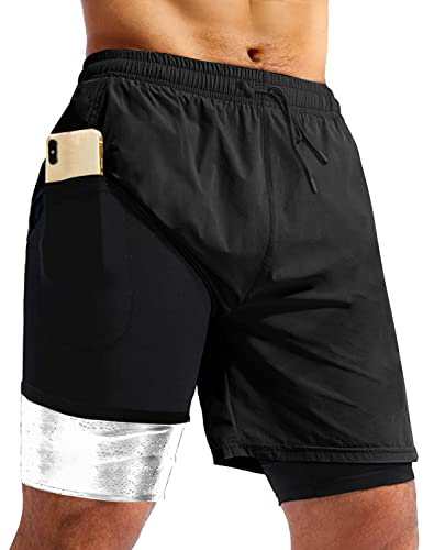 BVVU Men's Sauna Shorts 2 in 1 Sweat Slimming Compression Thermo Shorts 7 Athletic Workout with Pockets