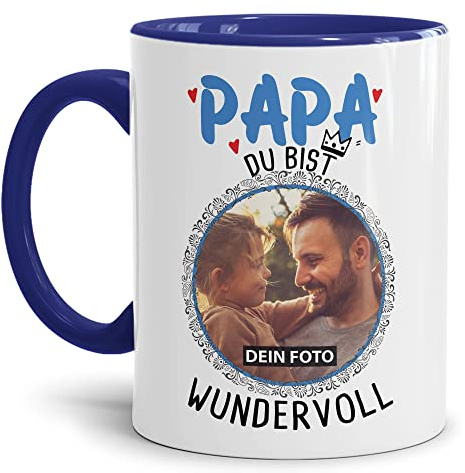 Tassendruck Tasse für Papa mit Foto Personalisieren - Papa du bist wundervoll - Persönliches Geschenk für Papa, Vater Geschenkidee | Personalisiertes Geschenk, 300ml, Innen & Henkel Dunkelblau
