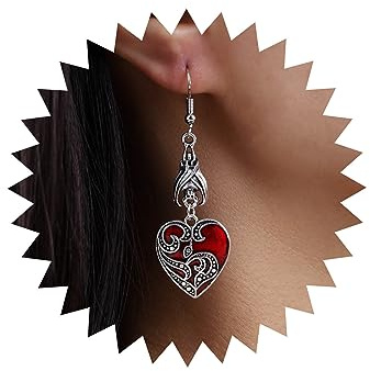Inateannal Boucles d'oreilles Gothiques Chauve-Souris en Forme de Cœur Rouge - Pendantes Filigrane Argenté - Style Punk Dark Rock