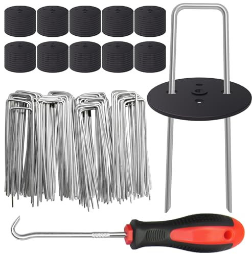 100 Weed Control Membrane Pegs + 100 Buffer Washer, 6 Inch 11 Gauge Galvanized U-Shaped Metal Garden Landscape Staples Weed Mat Yard Ground Pins for Securing Weed Barrier Fabric，Artificial Turf