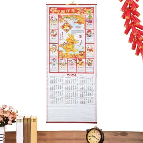 Calendrier mural chinois 2024 motif dragon | Calendrier quotidien chinois, calendrier Fengshui, calendrier mural chinois traditionnel pour décoration d'intérieur Lesunbak