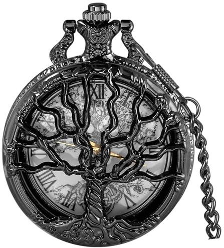 Tiong Montre de poche à quartz avec pendentif arbre de vie creux et chiffres romains pour homme et femme, 48-noir, Classique