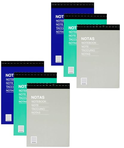 Tradineur - Pack de 6 blocs de notas, 80 hojas cuadriculadas, incluyen matriz de corte y tapas de cartón, anotaciones (Tamaño A5-145 x 210 mm - Color cubierta aleatorio)