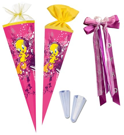 Nestler School Cone Set for Filling, Handmade Cardboard Sugar Cone - Licensed Motif Looney Tunes - Tweety, School Cone, Lace Protector, Bow (70 cm Round)