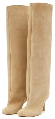 UBWDU Women's Suede Knee High Boots Wide Calf Square Toe Stiletto Heels Tall Booties High Heel Long Boots Beige 10