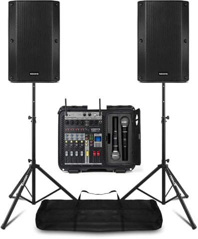 Full PA System with 12'' VSA12P Passive 2-Way Passive Speakers, 6-Channel Power Mixer & Wireless Mics | Complete PA Amp and Speaker Kit for Live Music, Events, and Public Speaking