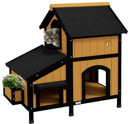 PawHut Casa para Gatos de Madera Con Macetero 96x65x85,5 cm de 2 Niveles Con Techo Asfáltico Ventana y Múltiples Entradas para Interior y Exterior Natural