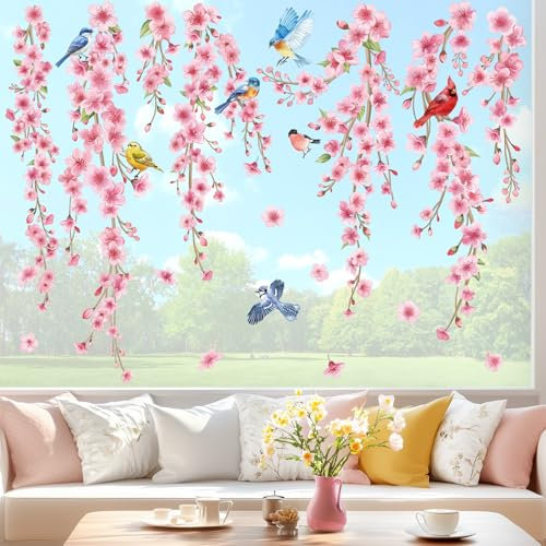 wondever Fenstersticker Kirschblüte Blume Fenster Aufkleber Hängende Blumen Rebe Vögel Fensterbilder Fensteraufkleber Anti-Kollision Doppelseitig Glasaufkleber Glas Deko