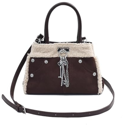 CORIOS Lammull axelväska för kvinnor liten mocka tygväska mjuk plysch handväska fluffig crossbody väska vintage messengerväska lätt skolväska elegant topp handtag väska för resor kontor arbete, Kaffe