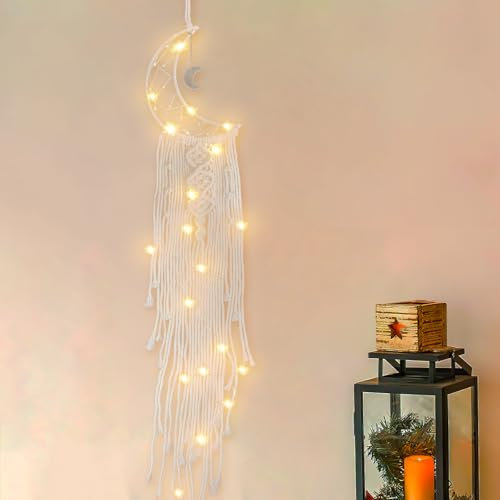 Makramee Wandbehang Traumfänger mit LED - Ausgehöhlter Gewebter Wandbehang Set im Bohemian-Stil für Zuhause, Wohnzimmer, Schlafzimmer, Büro (A)