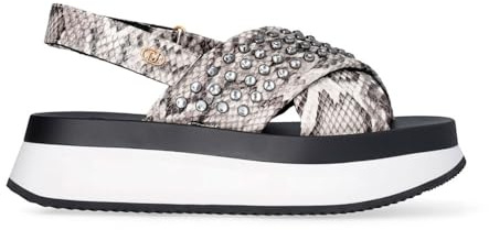 LUI.JO Plateau-Sandalen mit Schlangen-Design, gekreuzte Riemen mit Nieten, zweifarbige Sohle in Weiß und Schwarz, silber, 40 EU