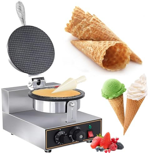 1200W Commercial Waffle Cone Maker, Electric Ice Cream Cone Machine with 50-300°C Adjustable Temperature & 1-5 Minute Timer, Professional Egg Roll & Wafer Maker for Bakeries, Dessert Shops, and Home