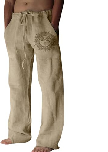 Litthing Pantalones de Lino para Hombre Pantalon de Jogging Algodón Pants Casuales de Verano con Bolsillos Holgados con Cordón Pant Cómodos y Ligeros