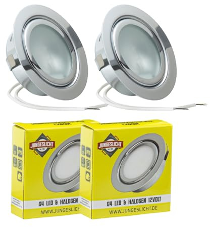 JungesLicht - Halogen Möbeleinbauleuchte 12V G4 20W, Bohrloch 55-60mm passend, Tiefe 23mm, Außen 73mm, Chrom (Leuchtmittel inklusive, LED geeignet), dimmbar, Möbelleuchte, Spiegelleuchte, 2 Stück