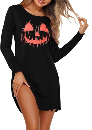 Demegimi Chemise de Nuit Femme Noire en Coton à Manches Longues Robe de Nuit Courte Thème Halloween Col Rond Confortable,XXL