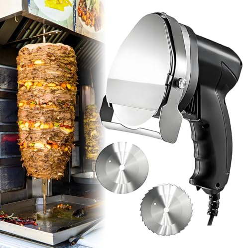COAKUE Cortadora de Kebab Profesional, cortadora eléctrica de Carne para Kebab, shawarma y Doner, con 2 Cuchillas, Grosor Ajustable de 0 a 8 mm, para Restaurante, hogar y Exterior. Wired