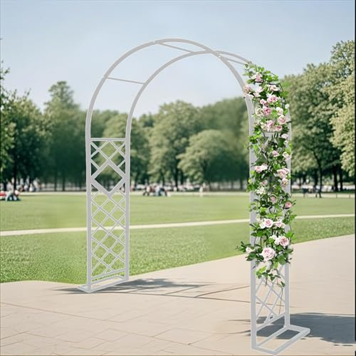 Arco de acero extra ancho para jardín, enrejado duradero para plantas trepadoras, rosas e hiedra, telón de fondo perfecto para bodas (blanco, 140 x 270 cm)