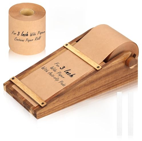 Note Paper Roll Dispenser Desktop Kraft Paper Roll Dispenser Holds 3” Wide with 98ft Wooden Note Taking Roller Holder Tearable Cutter Grocery List Sticky or Home