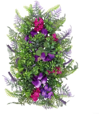 Gettimore Corona artificial de tulipanes morados con hortensias y guirnalda de jacinto lila para decoración de pared de puerta delantera, decoración de fiesta de boda de primavera