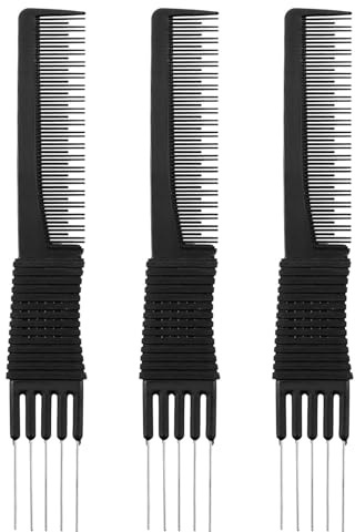 3 Pack Black Carbon Lift Teasing Combs with Metal Prong, Salon Teasing Back Combs, Black Carbon Comb with Stainless Steel Lift (Style A)