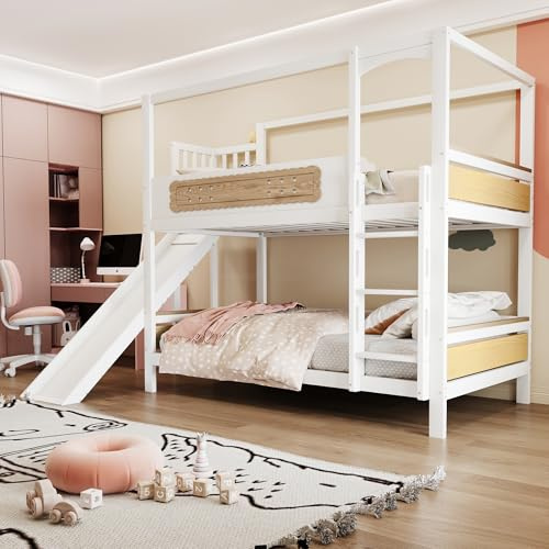Merax Etagenbett 90×200 cm mit Rutsche, Hausbett mit Sicherheitsgittern, Lattenrost, platzsparendes Kinderhochbett für Mädchen und Jungen, Weiß (ohne Matratze)