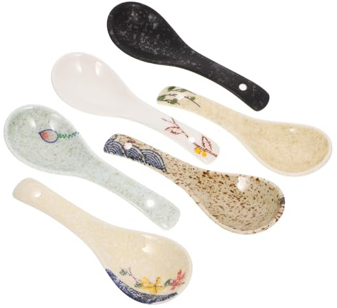 LALADEFIEE 6 Stück Asiatischer Keramik Suppenlöffel mit Dekorativen Mustern Komfortabler Griff Vielseitig für Suppe Reis und Desserts
