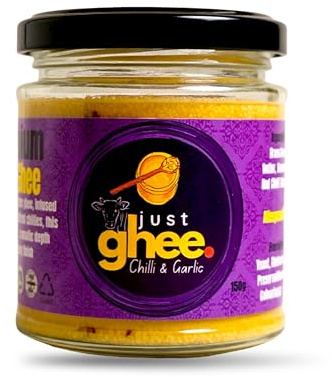 Just Ghee Chilli Garlic Ghee 150g | Grass-Fed Clarified Butter Infused with Roasted Garlic & Red Chilli | High Smoke Point Cooking Ghee | Keto, Handcrafted in UK
