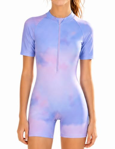 Ewbob Girls One Piece Swimming Costume Kids Rash Guard Swimsuit for 8-15 | short sleeve beach bathing suit,teenagers short sleeve brightly colored swimwear,swimming costume with shorts