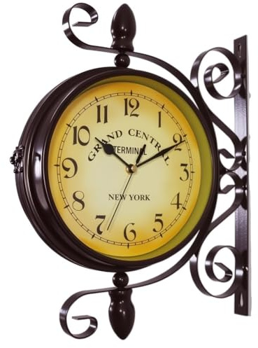 WOOCH Wrought Iron Antique-Look Brown Round Wall Hanging Double Sided Two Faces Retro Station Clock Round Chandelier Clock with Scroll Wall Side Mount Home Décor Wall Clock 8-inch