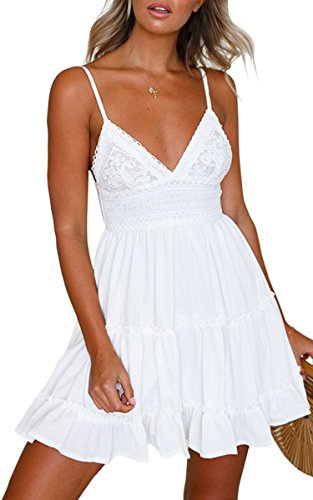 ECOWISH Summer Dresses for Women 2026 V-Neck Spaghetti Strap Bowknot Backless Sleeveless Lace Mini Swing Skater Dress White Small