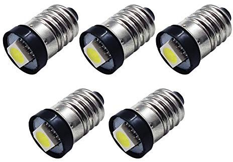 Ruiandsion 5pcs E10 LED Bulb DC 3V 0.5W 6000K White 5050 1SMD LED Bulb for Torchlight Flashlight Torch Headlight,Negative Earth