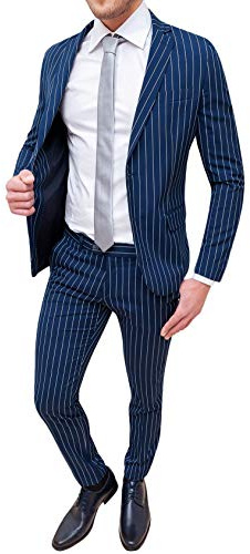 Evoga Abito Completo Uomo Sartoriale Smoking Vestito Elegante Cerimonia (52, Blu gessato a Righe)