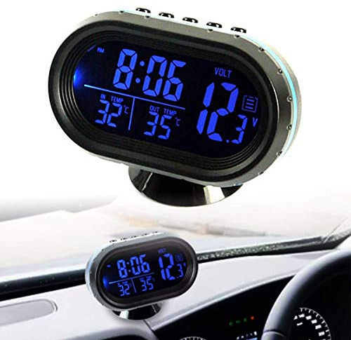 voiture thermomètre horloge numérique 12-24 V voltmètre réveil LCD trempé avec 2 rétro-éclairages (bleu/rouge)