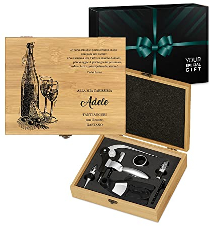 Maverton Set di Accessori da Vino Deluxe - Kit Cavatappi da Vino Personalizzato - Scatola in Legno di bambù + 8 Pezzi di Accessori Vino - Regalo Donna - Giorni