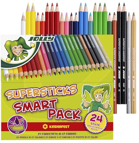 JOLLY Supersticks Smart-Pack - Confezione da 24 matite colorate, per bambini, resistente alla rottura, colori vivaci, per la scuola, doppio e triplo, per penne, pittura, disegno, materiale scolastico