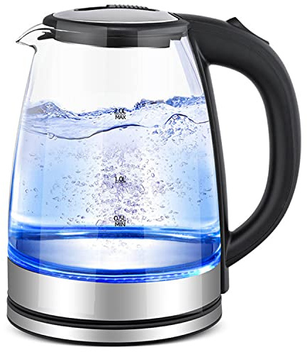 Abreli Electric Kettle, Glass Kettle with Stainless Steel Filter, Inner Lid and Bottom, 1500W 2L, with Blue LED Indicator Light, Auto Shut-Off and Boil-Dry Protection, Cordless,BPA Free