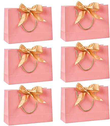 Geschenktaschen mit Krawatte, 6 Stück Geschenktüten aus Papier, Groß Geschenkbeutel Papiertüten zum Einkaufen von Kleidung, Elegant Einkaufstasche Hochzeit Weihnachten Halloween, 28*20*10cm (Rosa)