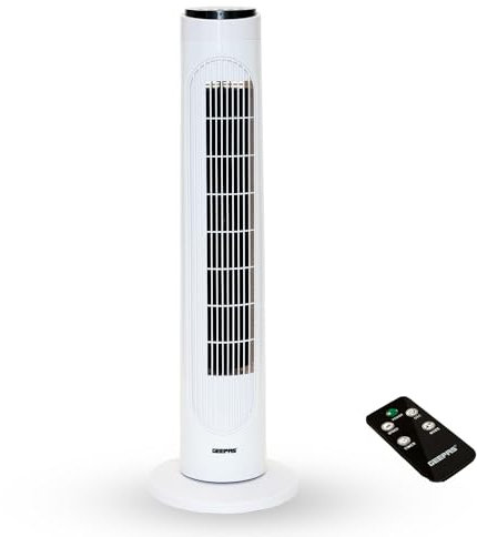 GEEPAS 29 Tower Fan with Remote Control | Portable Bladeless Oscillating Cooling 3 Speed Level 3 Mode With 7.5H Timer | Energy Efficient Air Cooler for Home Office 2 Year Warranty 50W White