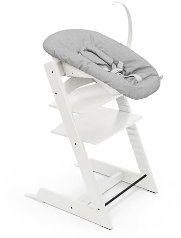 Tripp Trapp Stokke Stuhl (weiß) mit Newborn Set (Grau) - ab Geburt bis 9 kg verwendbar - bequem, sicher und einfach in der Anwendung