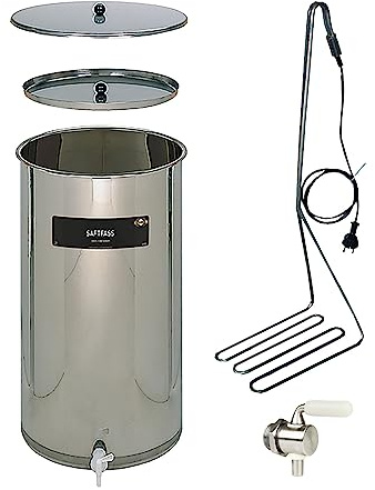 Edelstahlfass Saft 65 Liter mit Tauchsieder und Edelstahl V2A Hahn, Saftfass 65l zum Säfte erhitzen und pasteurisieren, Fass Edelstahlbehälter mit Öl Schwimmdeckel, Saftlagerung