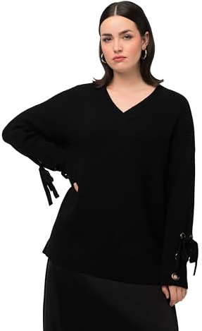 Ulla popken damer stora storlekar överdimensionerade plus size tröja, ärmband, oversized, V-hals, långärmad 822734, svart, 46-48
