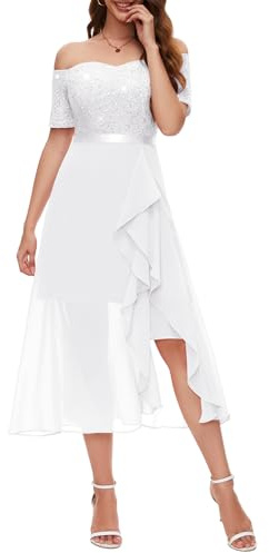 Berylove - Abito da sera da donna lungo, con glitter, abito da cocktail, elegante per matrimonio, con spalline scoperte, abito da ballo, bianco, XL