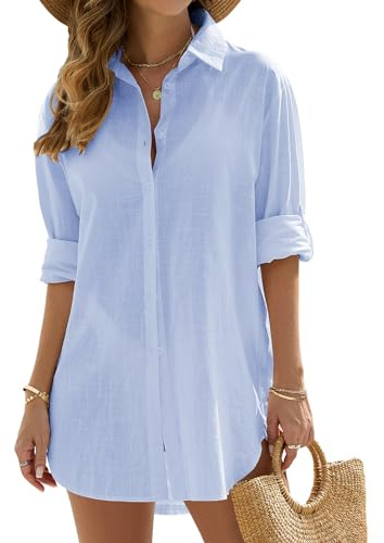 Vancavoo Women's Beach Cover Up Shirts Bikini Coverups Swimsuit Beach Dress Cotton Button Down Casual Long Sleeve Beachwear Loose Cardigan Blouse Tops Swimwear(Blue,L)