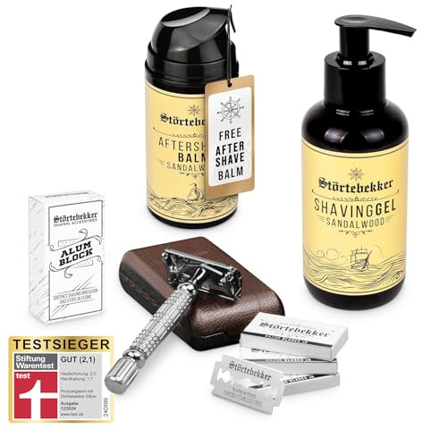Störtebekker® Premium Rise 'N Shine Shaving Set - Rasierset für Herren - mit Rasierhobel (Silber) inkl. Etui (Café) & 10 Klingen, Rasiergel, After Shave Balm & Alaunstein - Rasier Set Männer